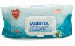 Салфетки влажные, Maditol (Мадитол) 60 шт антибактериальные подорожник с крышкой